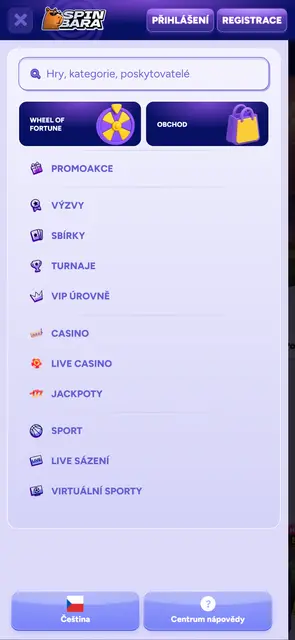 Mobilní web Spinbara, hlavní menu s promoakcemi, turnaji a VIP úrovněmi